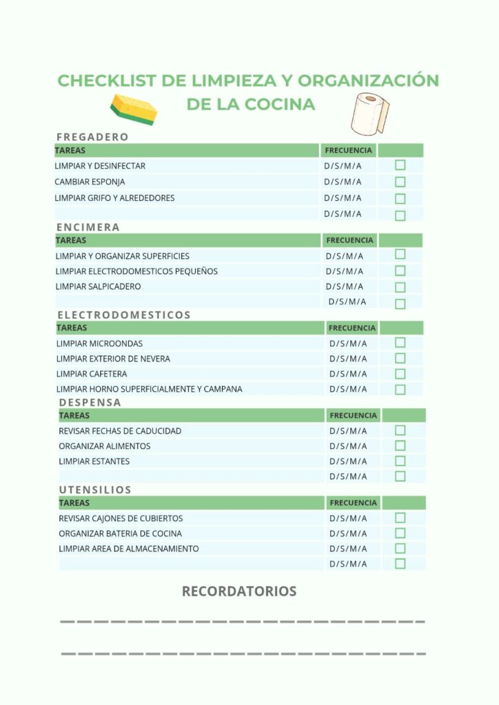 Checklist limpieza cocina diaria y semanal organizador hogar descargar gratis Carnival Box