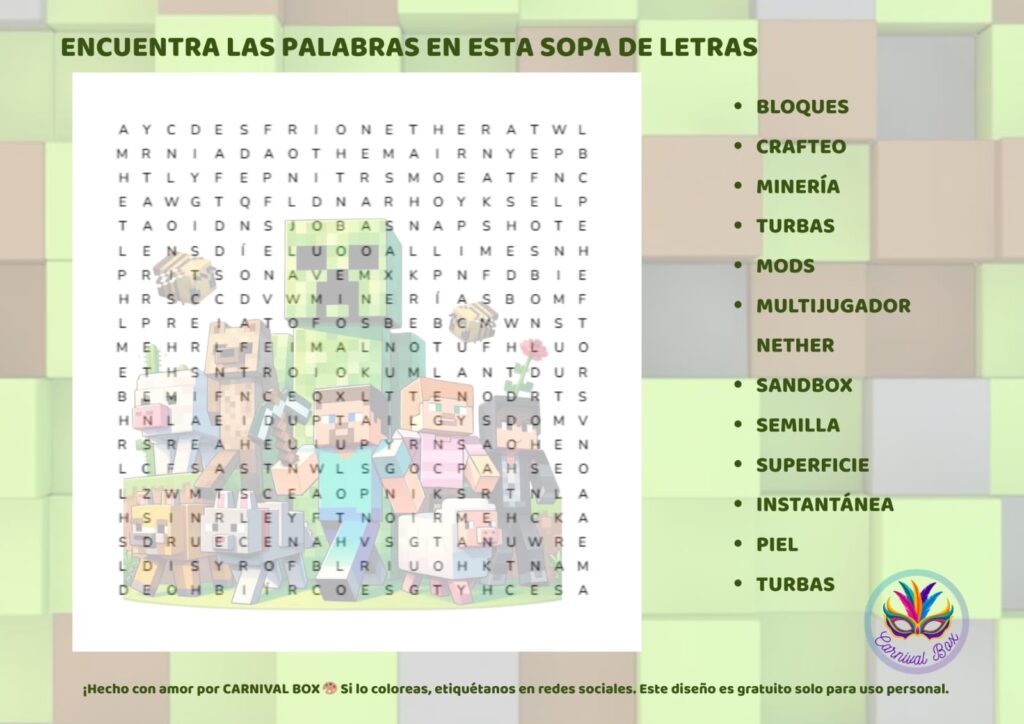 Sopa de letras de Minecraft para niños imprimir gratis con herramientas y personajes Carnival Box