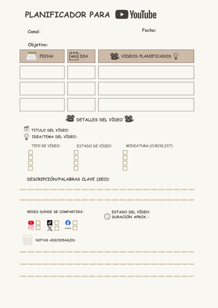 Planificador de YouTube ideas guiones SEO miniaturas descargar gratis Carnival Box