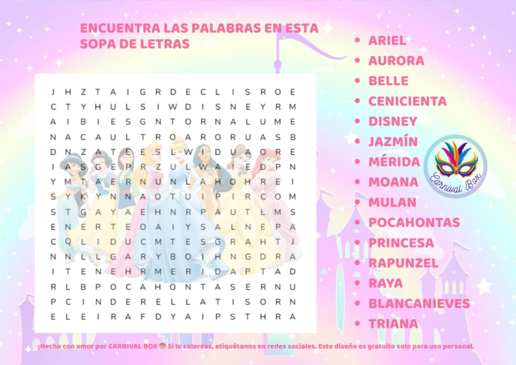 Sopa de letras de Princesas Disney para imprimir gratis Carnival Box