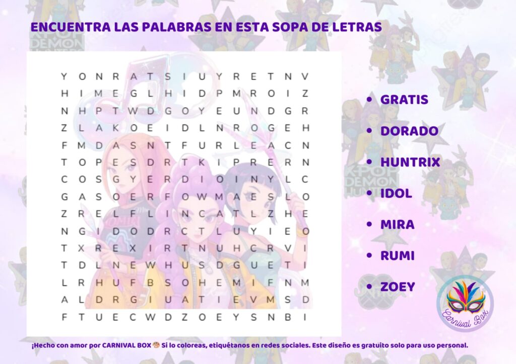 Sopa de letras K-Pop con nombres de grupos idols imprimir gratis Carnival Box